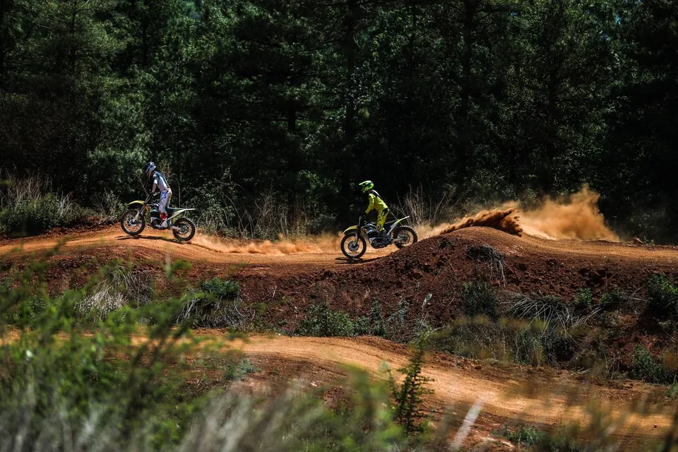 Two riders pause on a red laterite ridge cut through Malaysian pine forest.